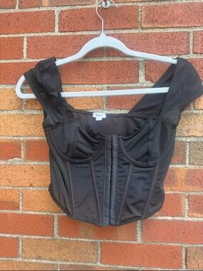 Garage Black Corset Bustier Crop Top XS Mesh Sleeve Hook Front Y2K